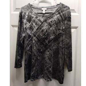 Chico's Size Medium (1) Velvet Gray Silver Abstract Geometric 3/4 Sleeves Top